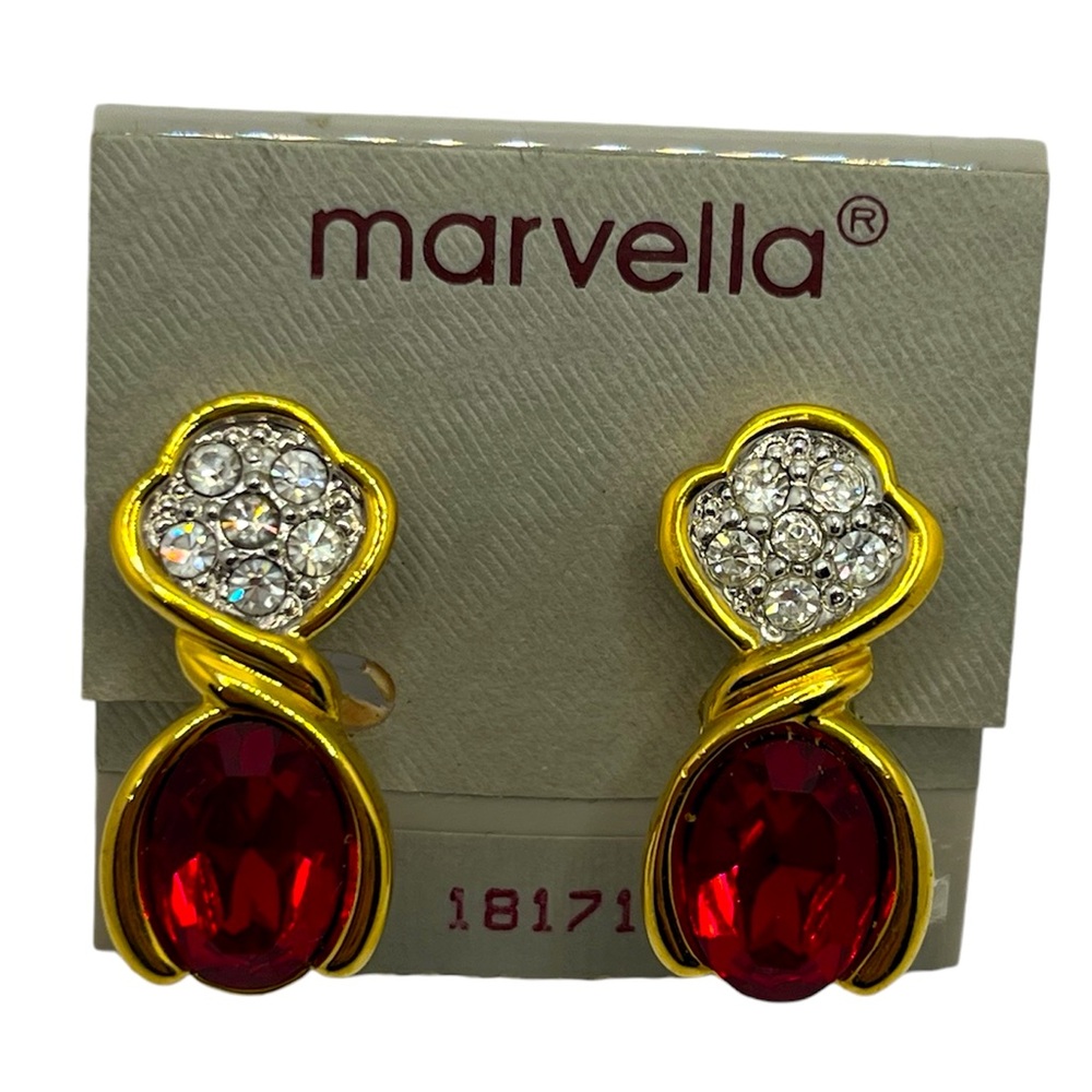 Marvella red & clear rhinestone gold tone clip on earrings vintage NEW